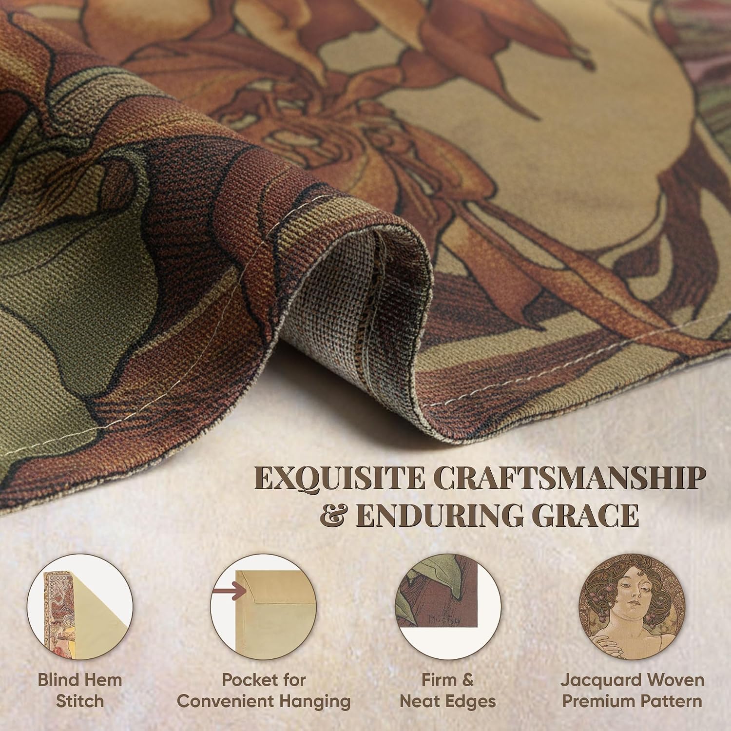Charlotte Home Furnishings Inc - Mucha Rubis Belgian Premium Tapestry Wall Hanging |19x42 in Viscose Polyester Blend Boho Vintage Woven Wall Tapestry for Home & Wall Art by Alphonse Mucha