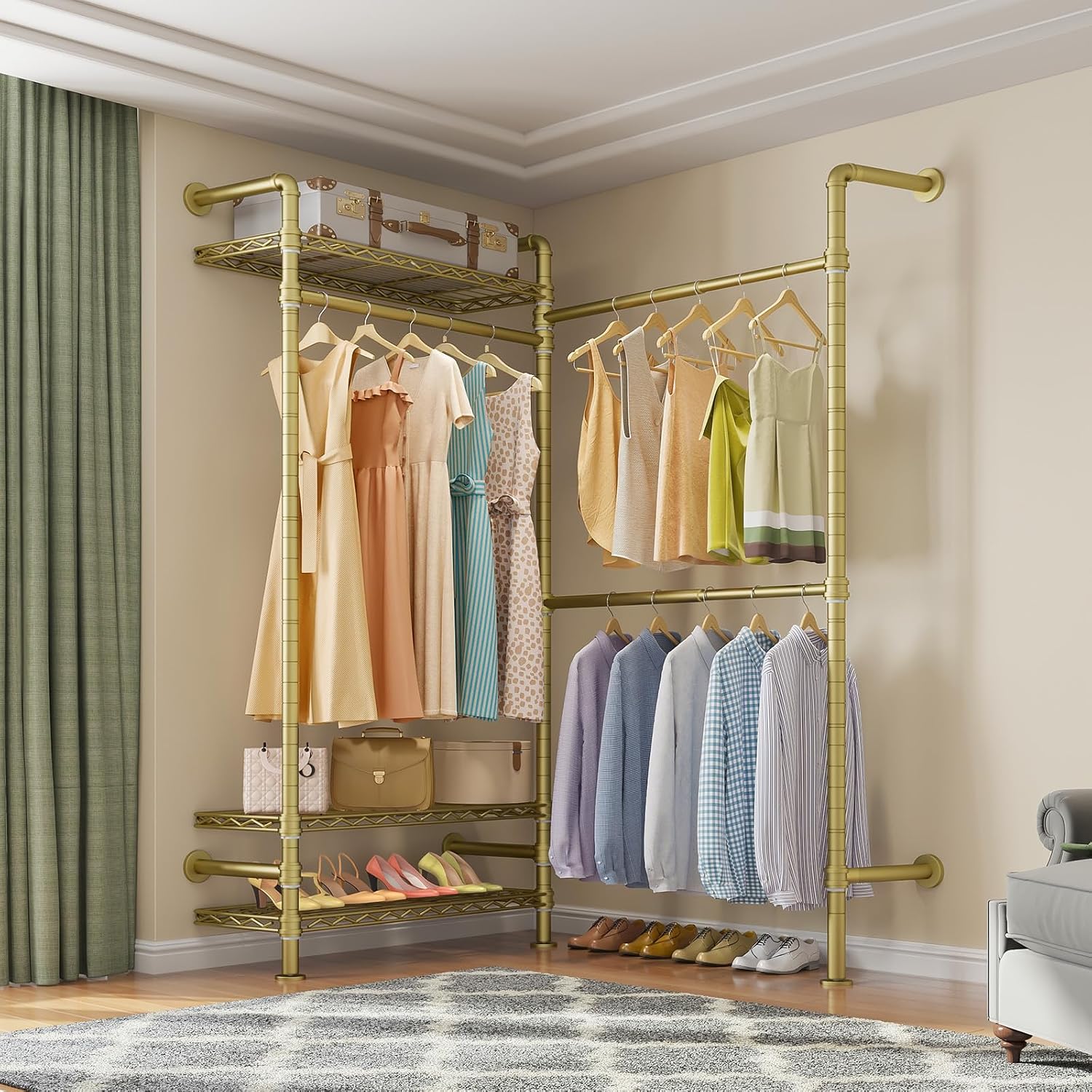 Timate L2 Wall Mounted Clothes Rack Industrial Pipe Clothing Rack for Hanging Clothes, Adjustable Expandable Garment Rack Heavy Duty Closet Organizer, Gold Mounted Closets Industrial Closet System