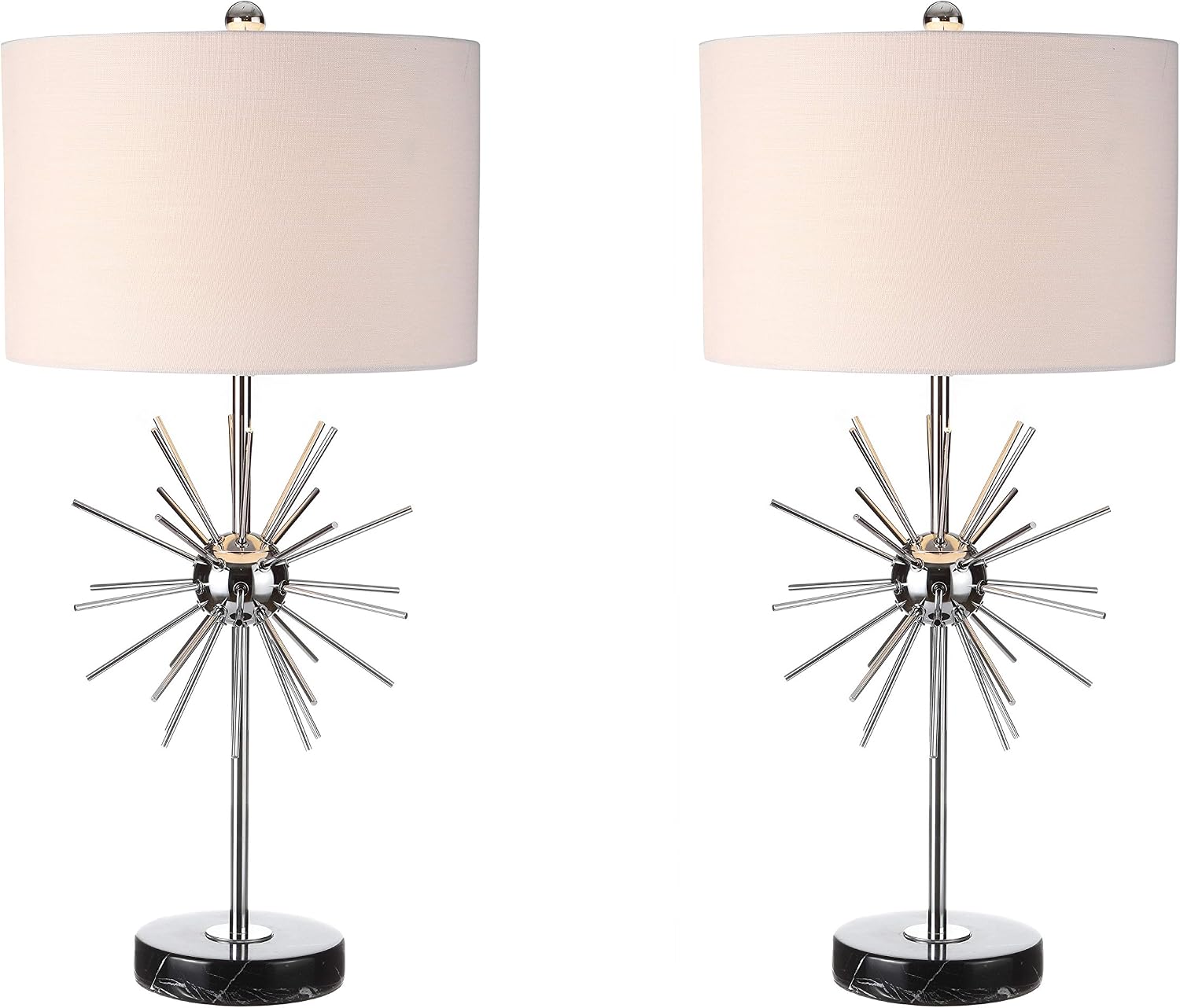 JONATHAN Y 31.5' Chrome Metal and Marble Starburst LED Table Lamp Set of 2, Mid-Century Modern Glam Lamp for Living Room Bedroom, White Linen Shade, LED Bulbs Included JYL2011A-SET2