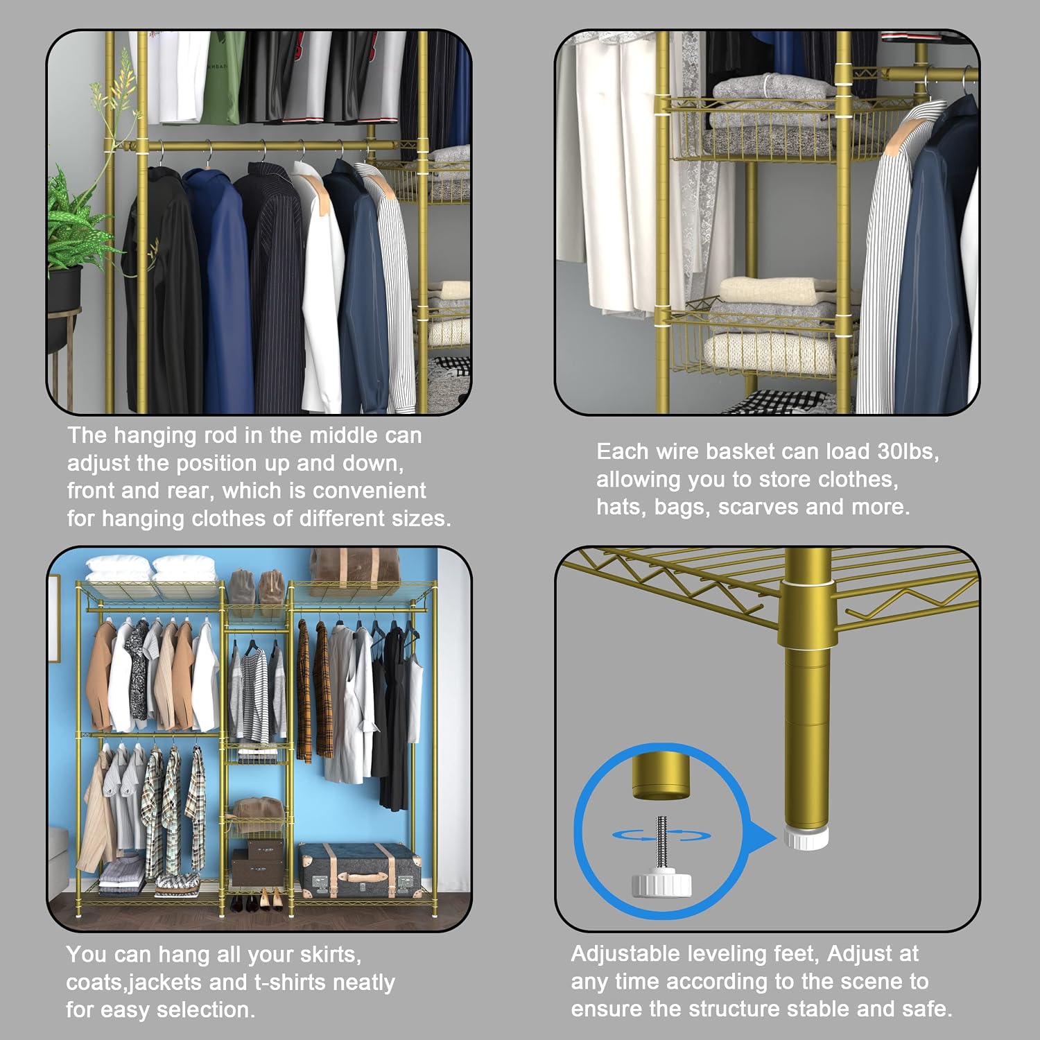 XIOFIO 6 Tiers Heavy Duty Garment Rack,Clothing Storage Organizer, Metal Clothing Rack,Clothing Rack with Hanging Rod,Adjustable Shelf and Fixed Baskets,60.7'L x 15.7'W x 70.5'H Max Load 720LBS,Gold