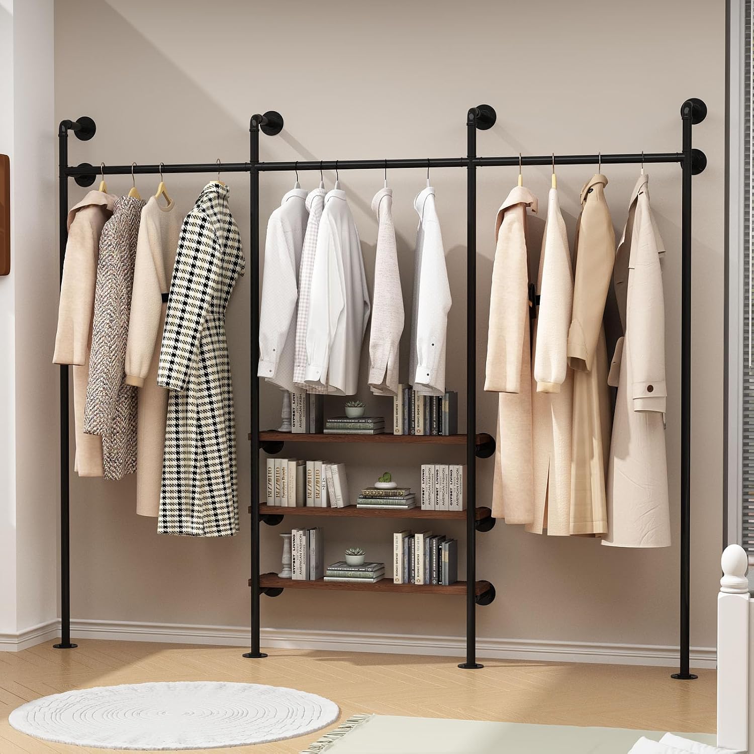 HOMEKAYT Industrial Pipe Clothes Rack,Wall Mounted Clothing Rack with Shelves, Heavy Duty Multi-Purpose Storage Clothes Hanging Shelf - 94.5''L Black
