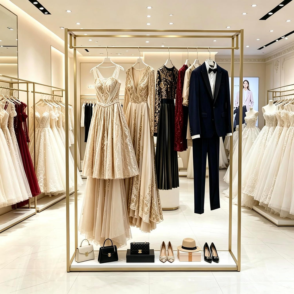 76' Tall Gold Clothing Garment Rack Boutique Retail Display Stand | Heavy Duty Clothes Wedding Dressr Racks for Hanging Long Dresses, Closet Wardrobe Shoes Bags Hats Clothes Organizer
