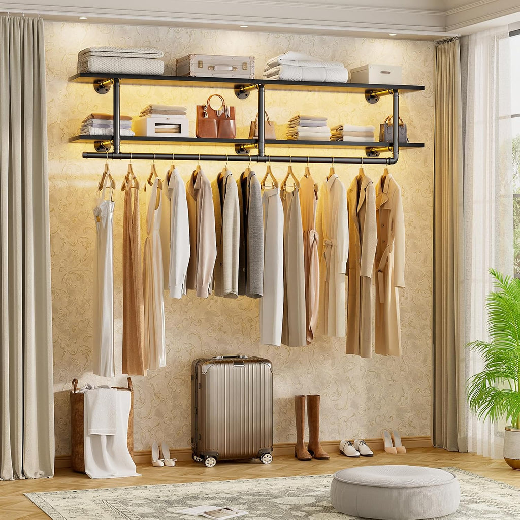 Aheaplus Industrial Pipe Clothes Rack with Top Shelf, 47In Space-Saving Wall Mounted Clothing Rack, 2 Tiers Heavy Duty Pipe Clothing Shelves with Hanging Rod for Laundry Room, Closet Storage, Black