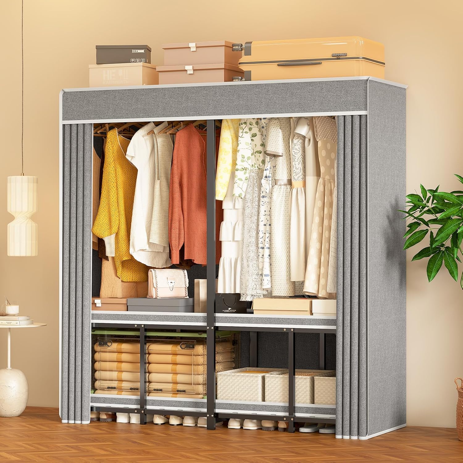 Foldable Heavy Duty Portable Closet with Cover, Freestanding Storage Garment Rack for Bedroom, Clothes Rack for Hanging Clothes Armoire Wardrobe Closet System, 59.01x67.7x20.5 Inch,Black Grey