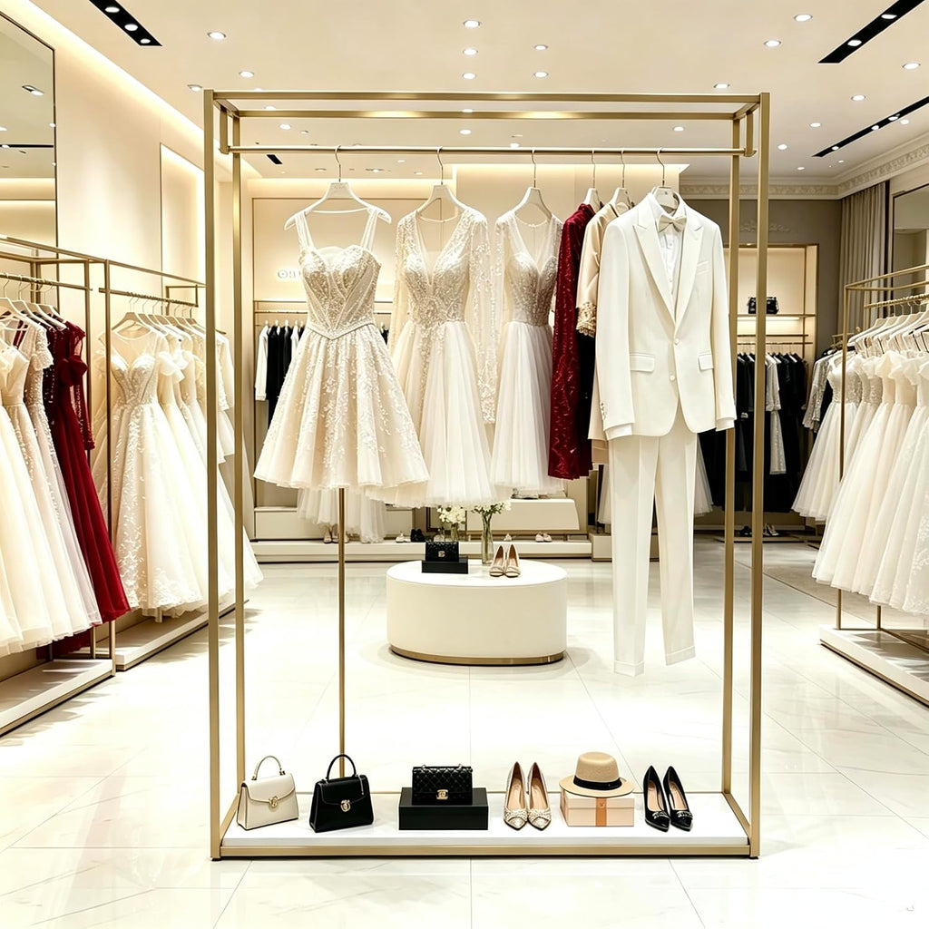 76' Tall Gold Clothing Garment Rack Boutique Retail Display Stand | Heavy Duty Clothes Wedding Dressr Racks for Hanging Long Dresses, Closet Wardrobe Shoes Bags Hats Clothes Organizer