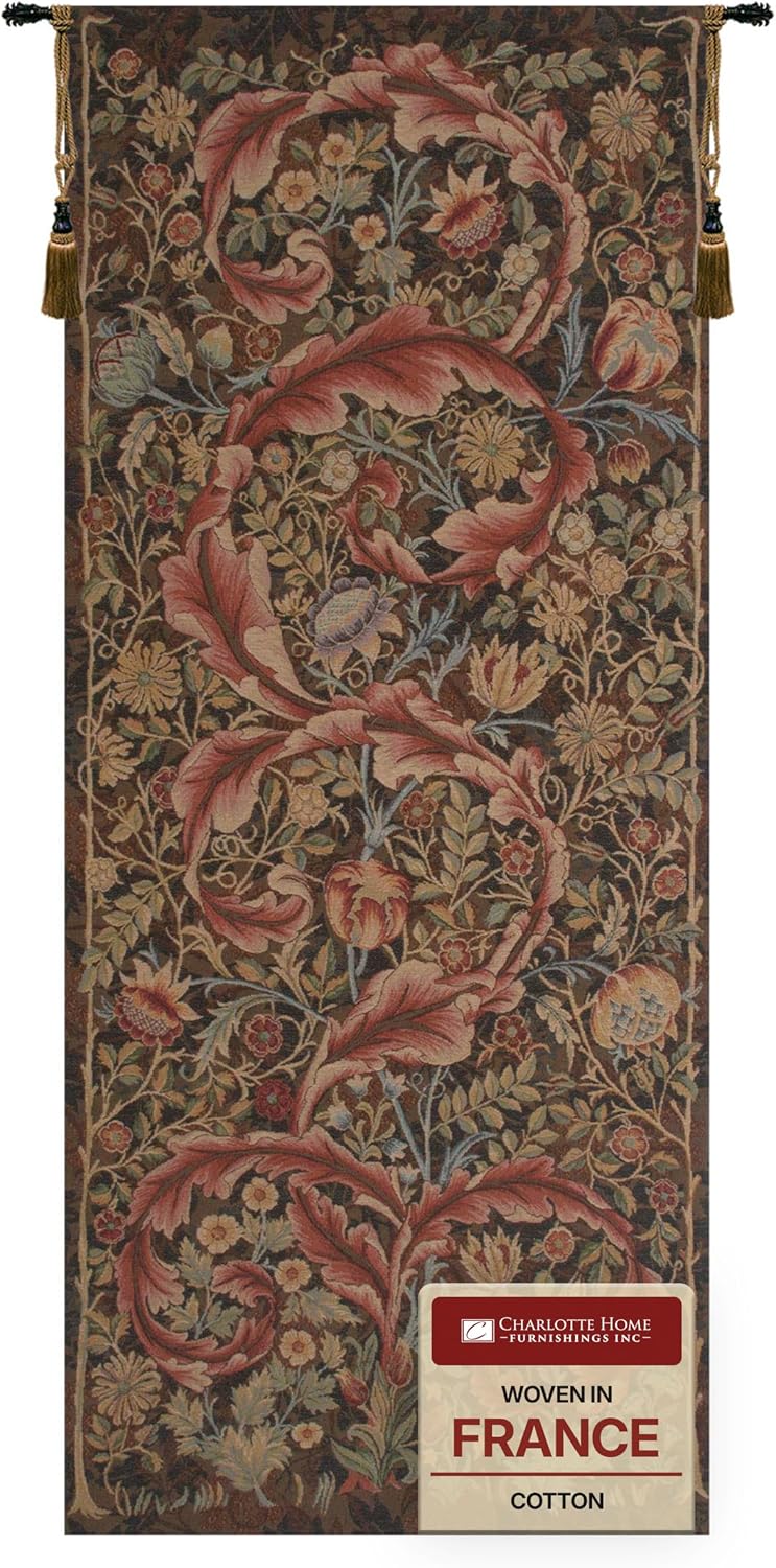 Charlotte Home Furnishings Inc French Boho Tapestry Wall Hanging 70 x 29 in, Acanthe Brown Large Aristoloches Aesthetic Woven Wall Art decor for Living Room Home Decor, European Cotton Jacquard Woven
