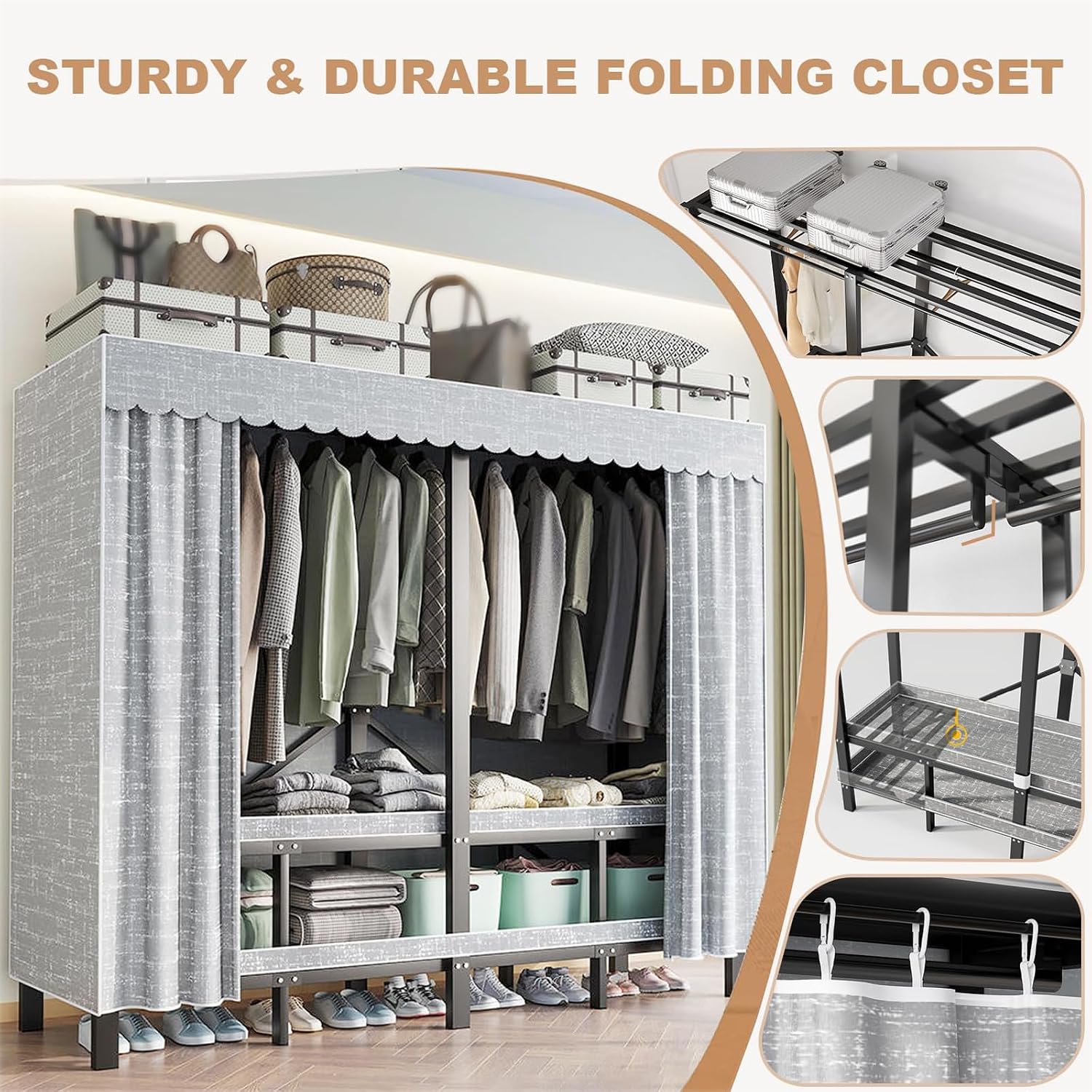 Portable Wardrobe Closet, Collapsible Clothes Rack, Freestanding Garment Rack with Cover, Large Rolling Garment Rack for Hanging Clothes, Coat Storage Organizer (Grey, 49.2in/125cm)