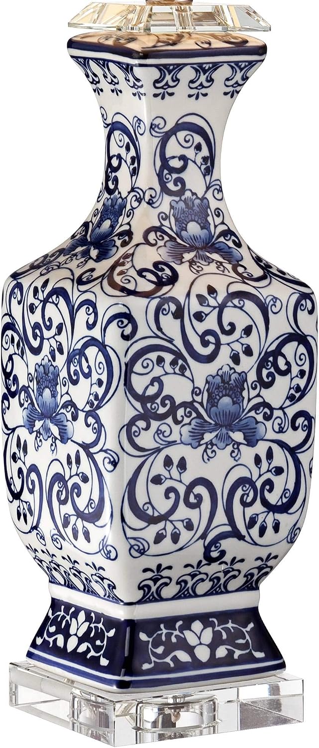 Barnes and Ivy Iris Asian Chinese Jar Style Table Lamps 28' Tall Set of 2 Blue Porcelain Crystal Geneva White Fabric Drum Shade Decor for Living Room Bedroom House Bedside Nightstand Home