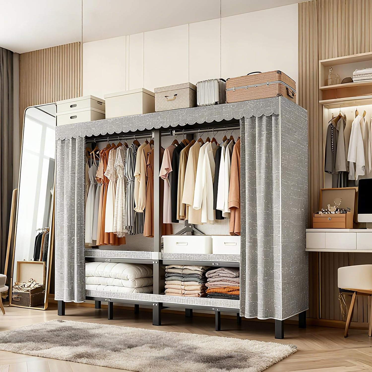 59.1in Heavy Duty Portable Closet, Foldable Wardrobe Closet with Cover, Metal Clothing Shelves for Clothes Organizers and Storage, for Bedrooms, Apartments, Rental Properties (Grey, 59.1in)