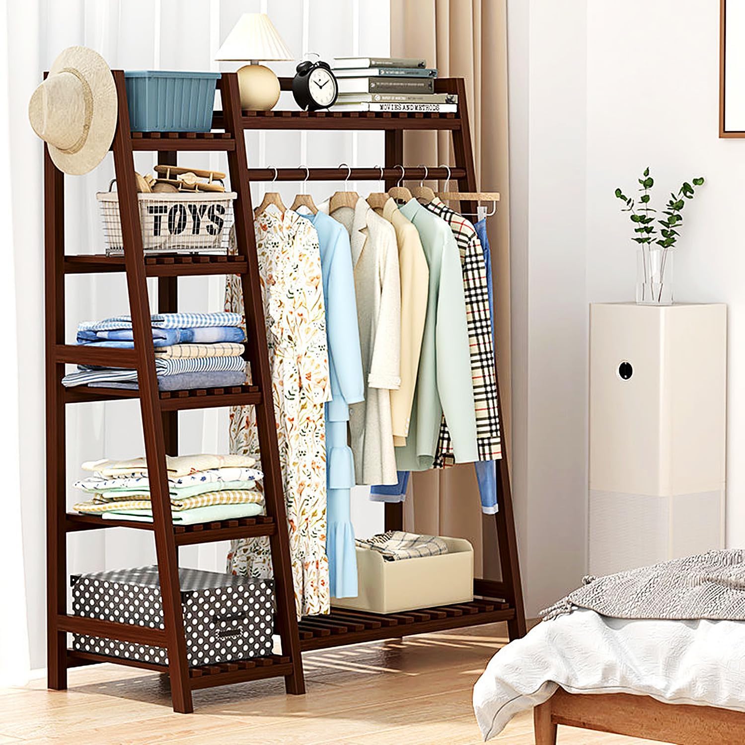 Freestanding Garment Rack for Hanging Clothes, Bamboo Clothing Rack, Walnut Clothings Racks with Shelf and Shoe Clothing Storage Organizer Shelves,Brown(80cm)