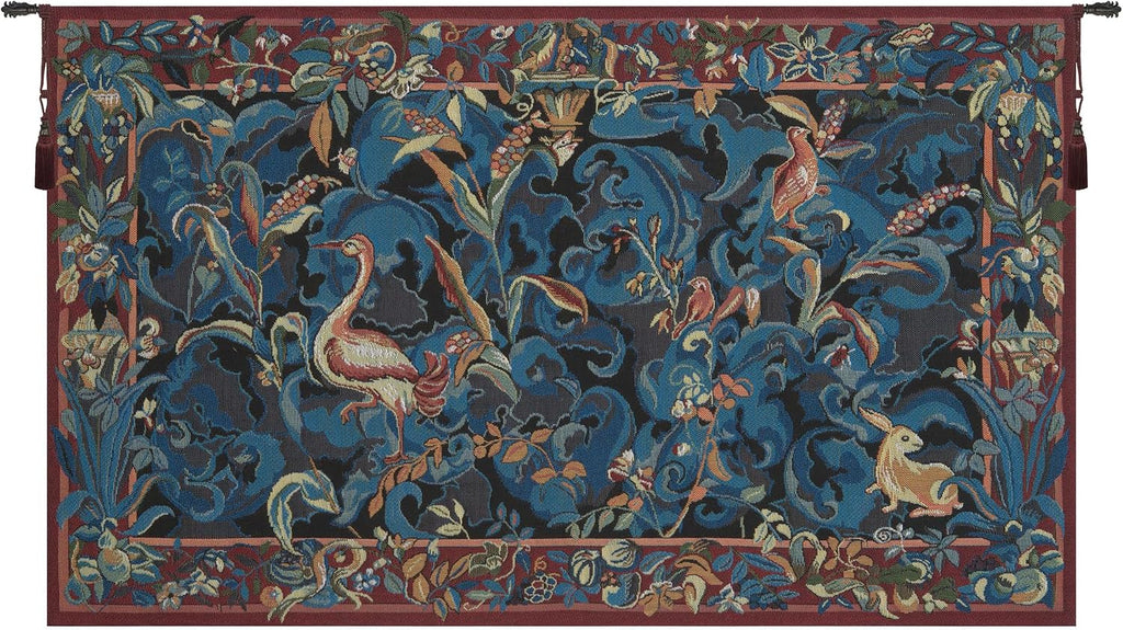 Charlotte Home Furnishings Inc French Boho Tapestry Wall Hanging 19 x 31 in, Animals Aristoloches Blue Aesthetic Woven Wall Art decor for Living Room Home Decor, European Cotton Jacquard Woven
