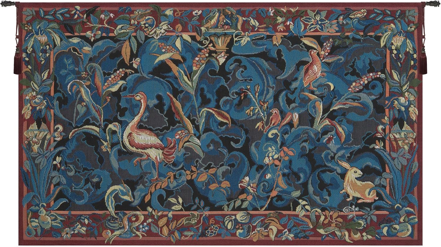 Charlotte Home Furnishings Inc French Boho Tapestry Wall Hanging 19 x 31 in, Animals Aristoloches Blue Aesthetic Woven Wall Art decor for Living Room Home Decor, European Cotton Jacquard Woven