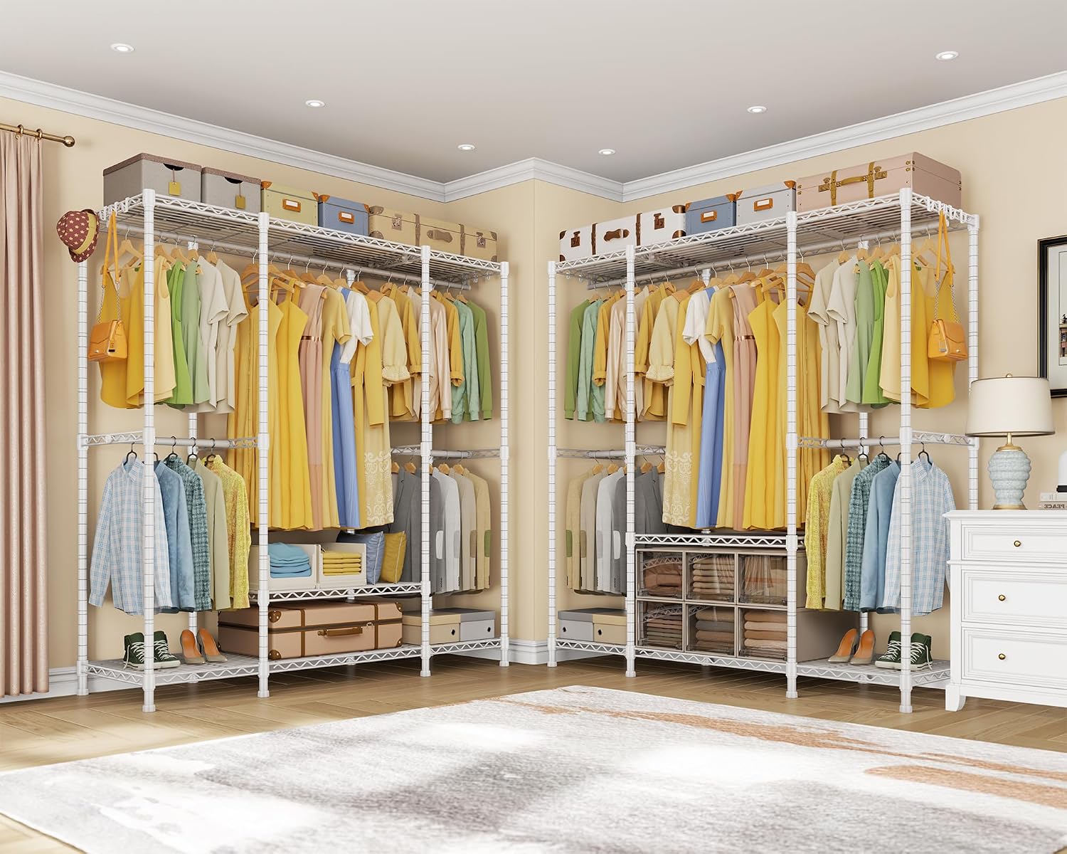 Ulif E3 Heavy Duty Garment Rack, 4 Tiers Freestanding Closet Organizer System with 5 Shelves, Metal Closet Organizer and Storage System for Clothes, Max Load 850lbs, 58.4'W x 15.7'D x 77.3'H, White