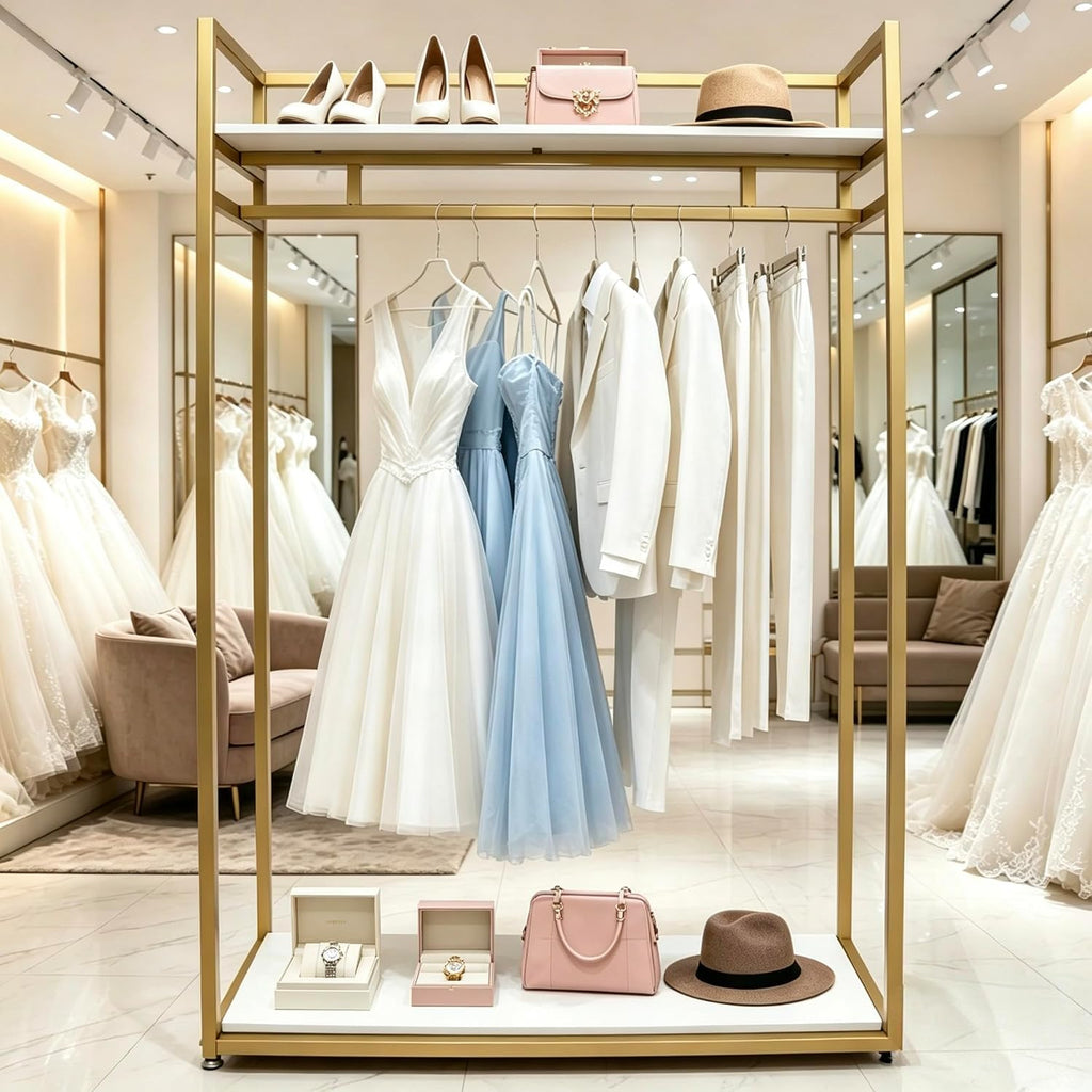 71' Tall Gold Clothing Racks Boutiques Retail Display Stand | Wedding Dress Rack Heavy Duty Garment Rack Standing Dress Racks for Hanging Long Dresses Clothes Shoes Bags Organizer