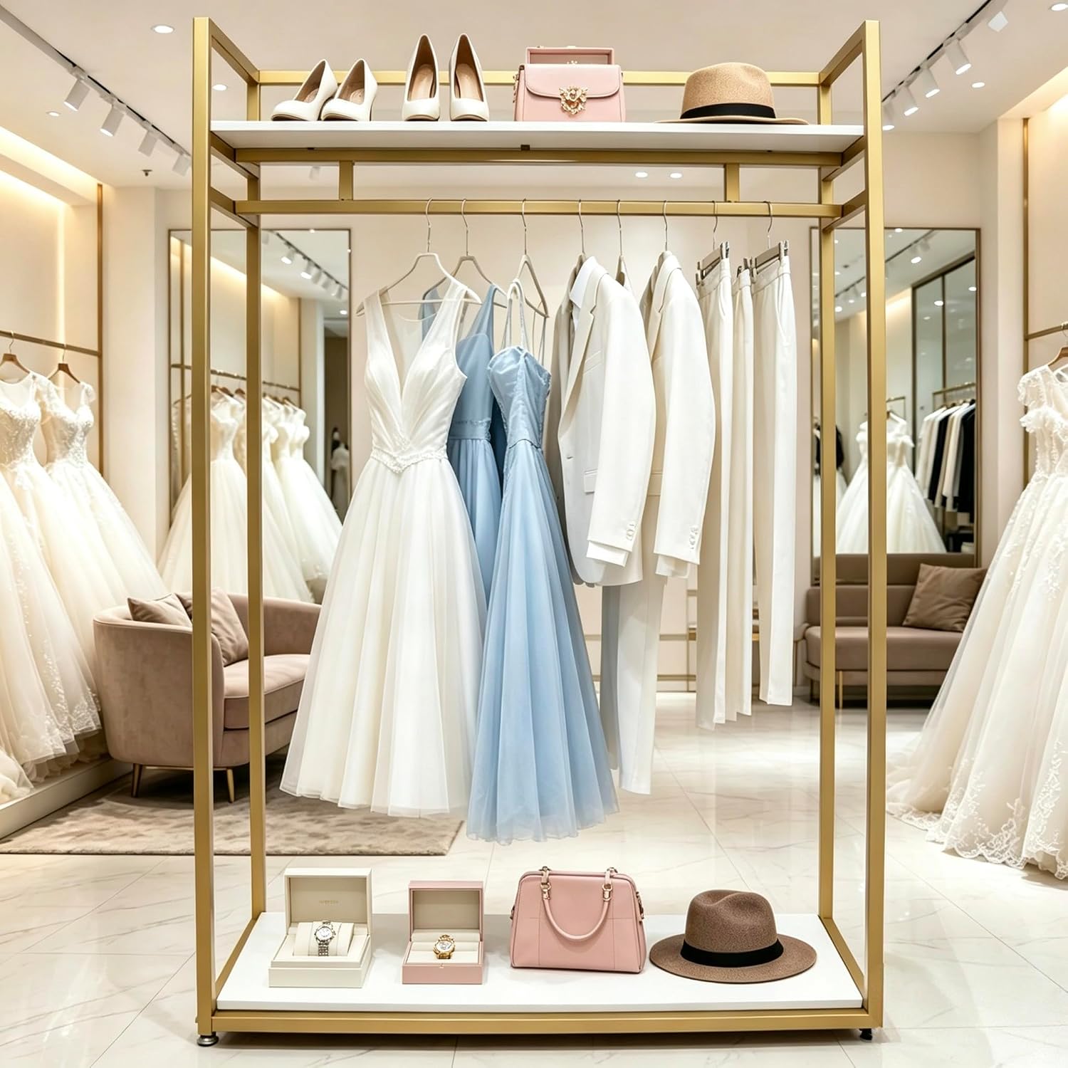 71' Tall Gold Clothing Racks Boutiques Retail Display Stand | Wedding Dress Rack Heavy Duty Garment Rack Standing Dress Racks for Hanging Long Dresses Clothes Shoes Bags Organizer