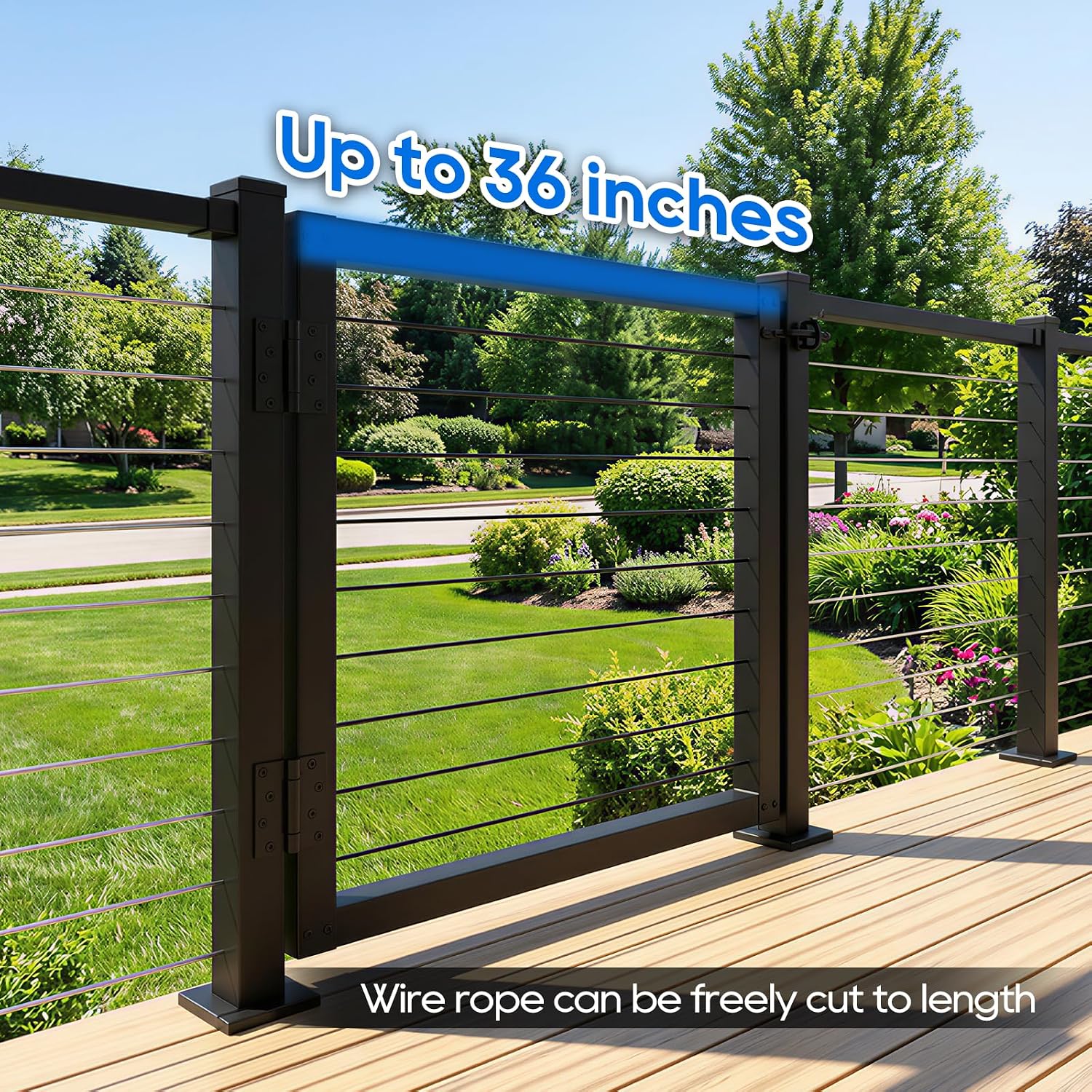 36' Aluminum Cable Railing Gate Adjustable Wide Deck Safety Gate, Black Powder-Coated Outdoor Railing Gate with Self-Closing Nylon Hinges & Latch, Easy DIY Installation for Deck