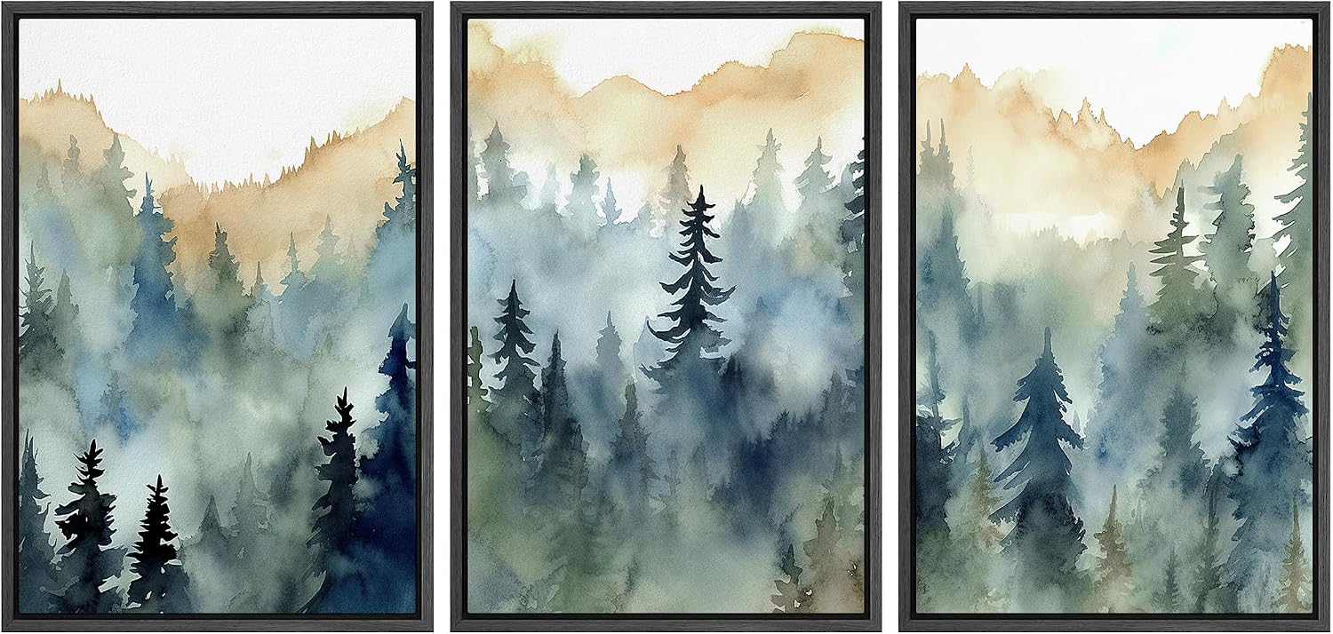 MUDECOR Framed Canvas Print Wall Art Set Pastel Watercolor Pine Tree Forest Nature Wilderness Illustrations Modern Decorative Floral Botanical Minimal Calm/Relax/Cozy for Bedroom - 24'x36'x3 Black