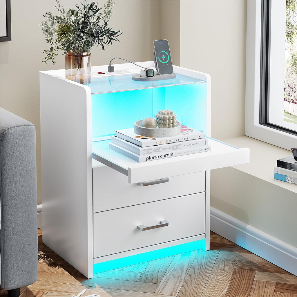 AOGLLATI LED Nightstand Set of 2 with Charging Station, Night Stand with Pull-Out Shelf, 2 Drawers, Bedside Table with LED Lights, Modern End Table with USB Ports Outlets, 2 Pack, White