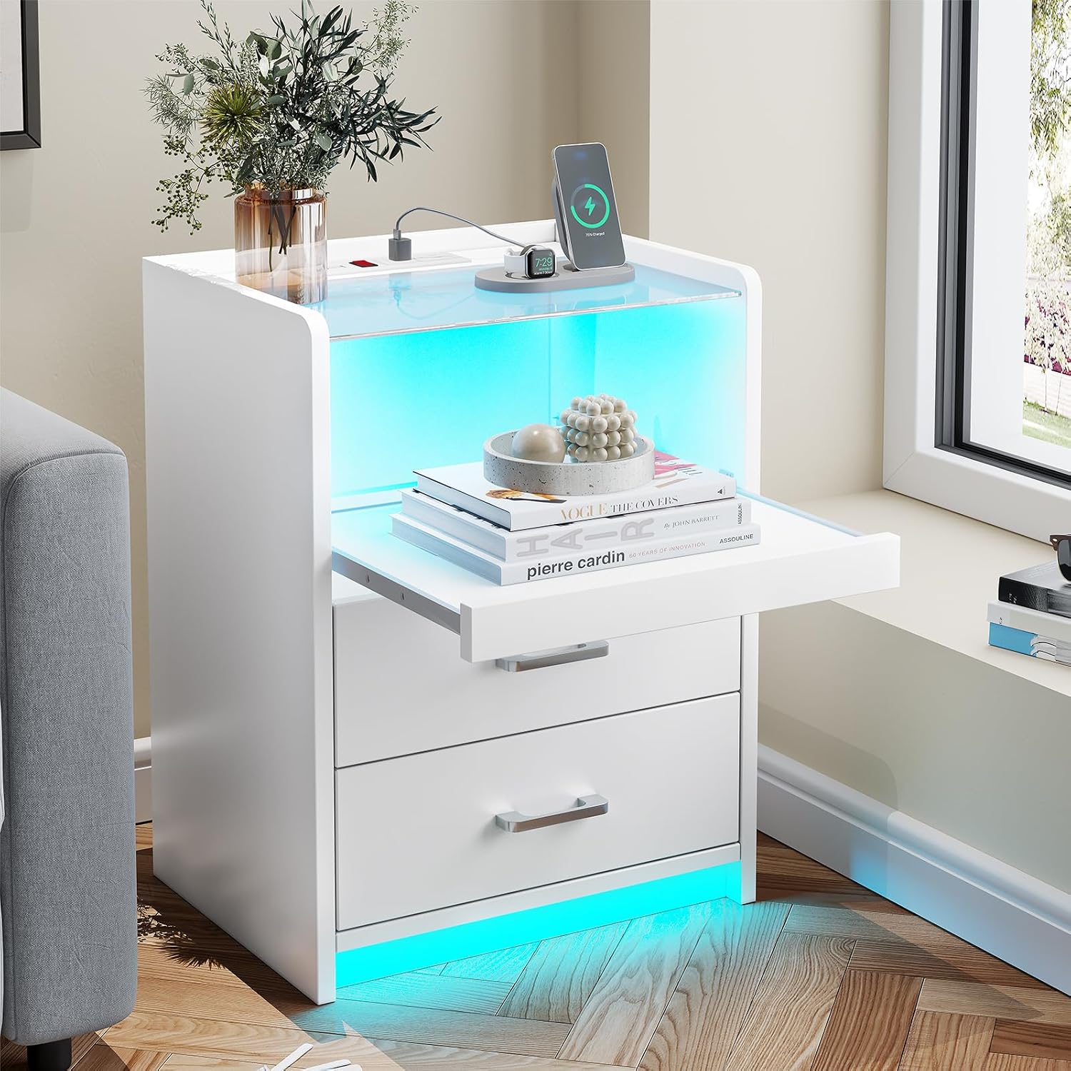 AOGLLATI LED Nightstand Set of 2 with Charging Station, Night Stand with Pull-Out Shelf, 2 Drawers, Bedside Table with LED Lights, Modern End Table with USB Ports Outlets, 2 Pack, White