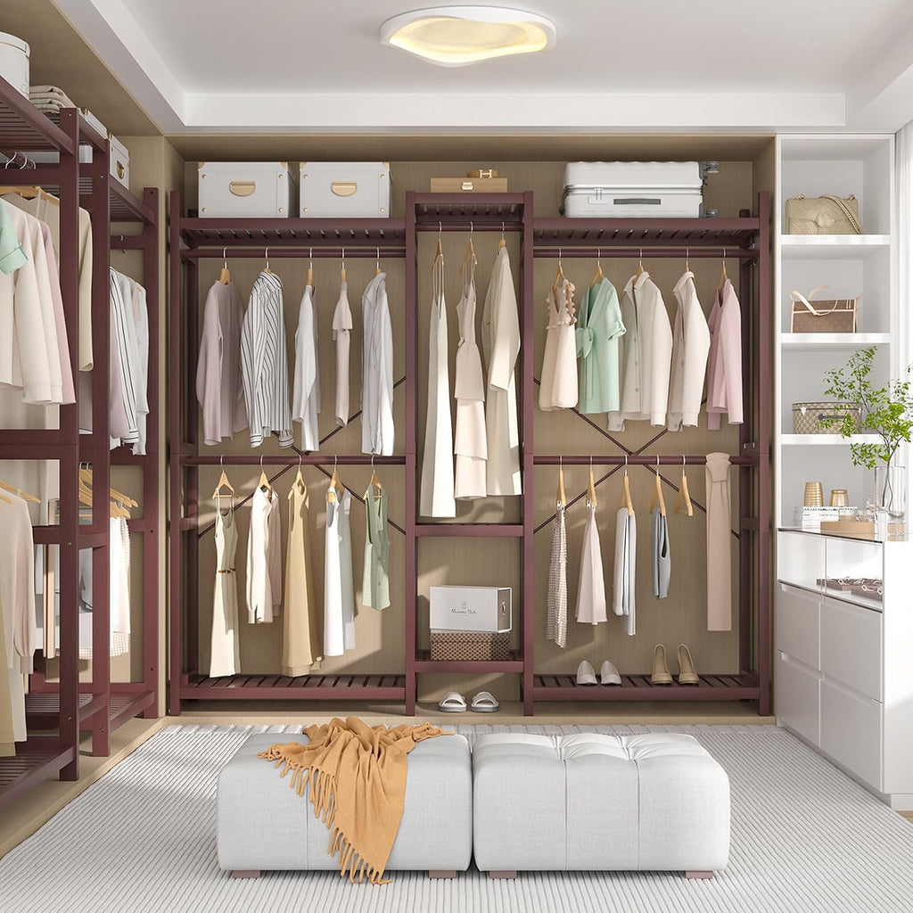 Homykic Bamboo Closet System Clothes Rack, Large Freestanding Garment Rack Clothing Rack for Hanging Clothes with 7 Storage Shelves and 5 Rods, Open Wardrobe Organizer with 4 Hooks, Espresso