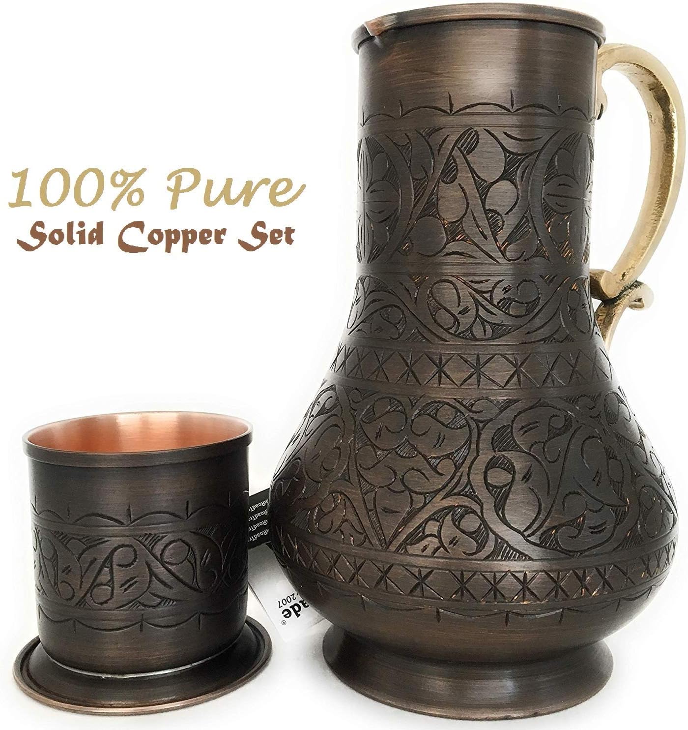 KS Series - Copper Pitcher (45 oz) and Cup (7.7 oz) Set, Moscow Mule Water Jug, Ice Tea and Juice Beverage, Desktop/Bedside Night Water Carafe, Ayurvedic Decanter (Engraved-Antique)