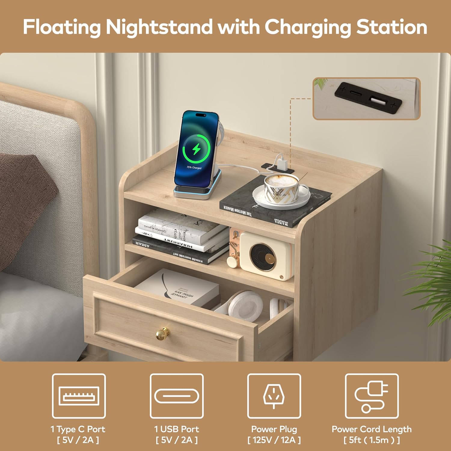 Floating Nightstand with Charging Station Set of 2, Modern Wall Mounted Bedside Tables with Drawer & Open Shelf, Modern Hanging Table with USB & Type C Ports for Bedroom, Small Spaces (White Oak)