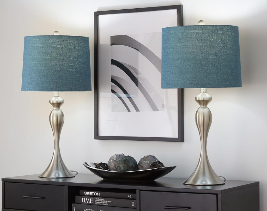 Ashland 27' Metal Table Lamps Set of 2, Desk Lamp, Bedside Lamps for Night Stands, Nightstand Lamp, Small Lamp, Small Table Lamps for Living Room Set of 2 (Brushed Nickel, Moroccan Blue Linen)