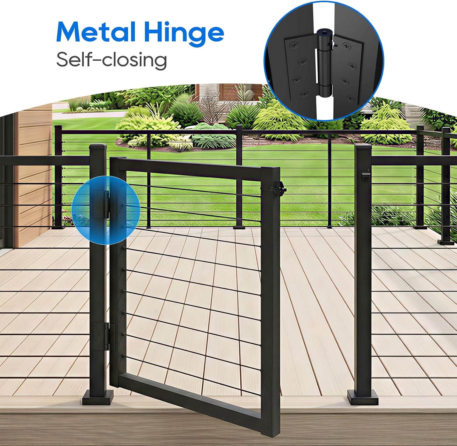 36' Aluminum Cable Railing Gate Adjustable Wide Deck Safety Gate, Black Powder-Coated Outdoor Railing Gate with Self-Closing Nylon Hinges & Latch, Easy DIY Installation for Deck