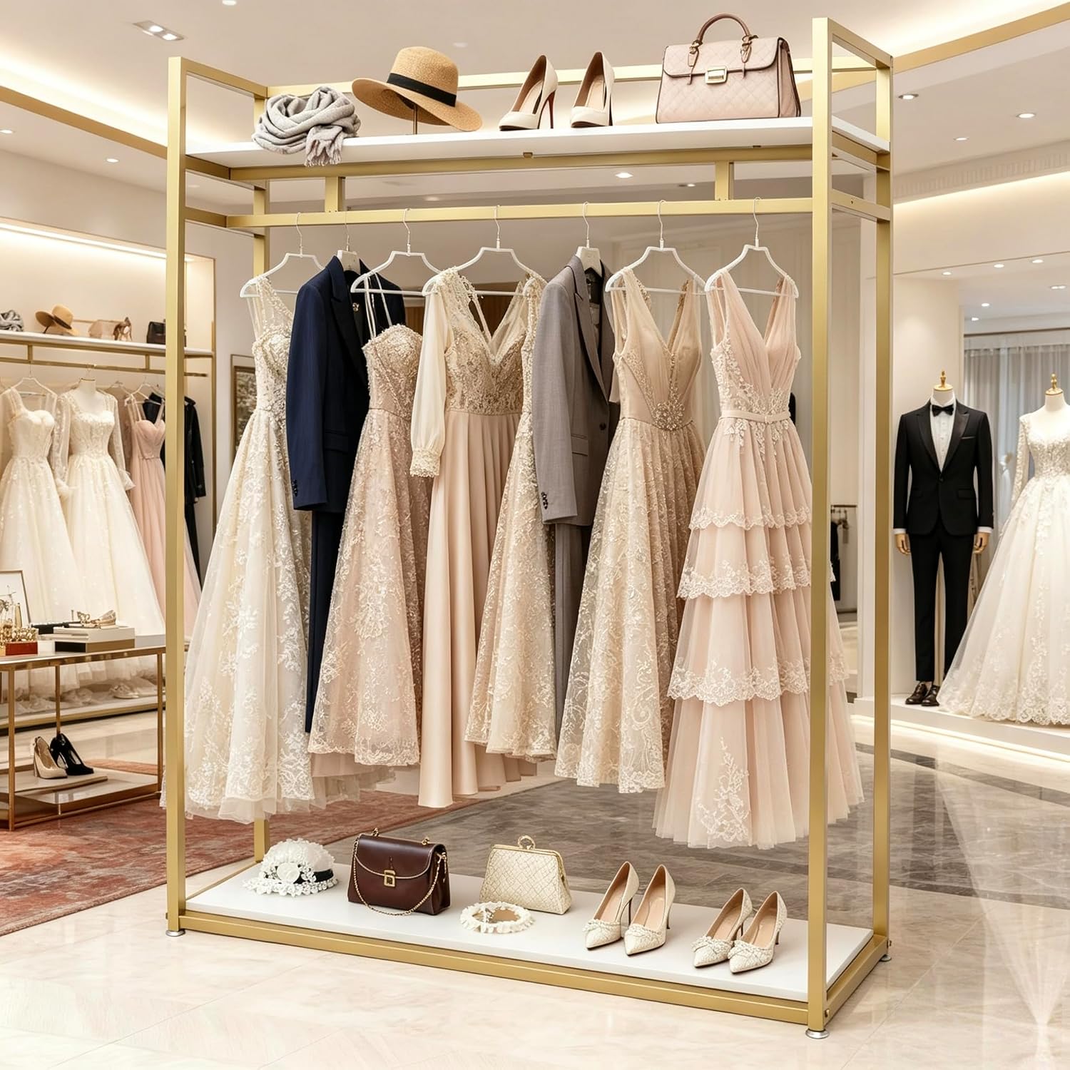 71' Tall Gold Clothing Racks Boutiques Retail Display Stand | Wedding Dress Rack Heavy Duty Garment Rack Standing Dress Racks for Hanging Long Dresses Clothes Shoes Bags Organizer