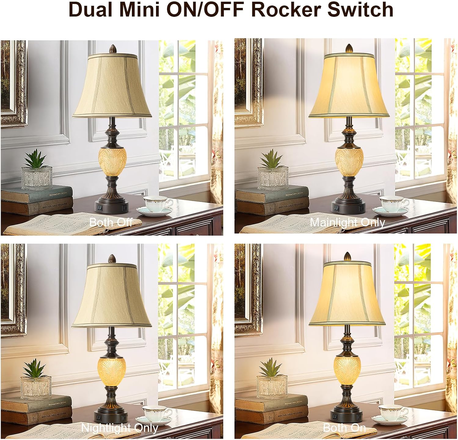 Vintage Farmhouse Lamp Set, 3-Piece Bundle, Includes 2 Table Lamps (27') and 1 Floor Lamp (64') with Faux Silk Shades, USB Charging Ports & Night Lights, for Living Room, Bedroom (Bulbs Included)