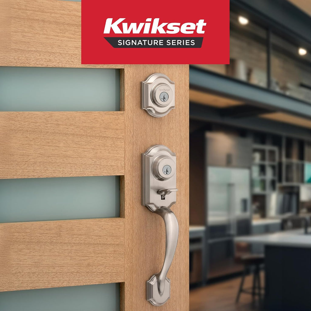 Kwikset Montara Front Door Lock Handle and Deadbolt Set, Entry Handleset Exterior with Interior Doorknob, Satin Nickel, Pick Resistant SmartKey Rekey Deadbolt Security, with Microban Protection