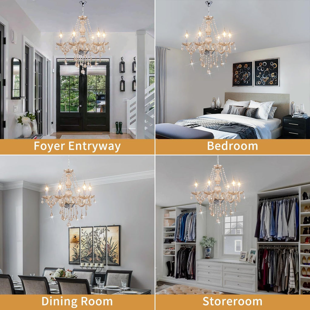 Crystal Chandeliers for Dining Room, 6-Lights Classic Cognac Pendant Light K9 Vintage Chandelier for Bedroom, Candle Ceiling Light Fixture Cognac Chandelier for Living Room Wedding Decor