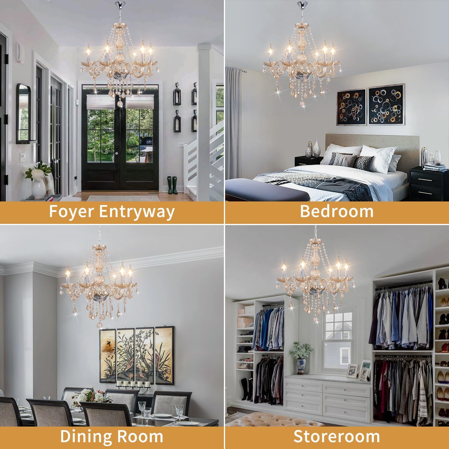 Crystal Chandeliers for Dining Room, 6-Lights Classic Cognac Pendant Light K9 Vintage Chandelier for Bedroom, Candle Ceiling Light Fixture Cognac Chandelier for Living Room Wedding Decor