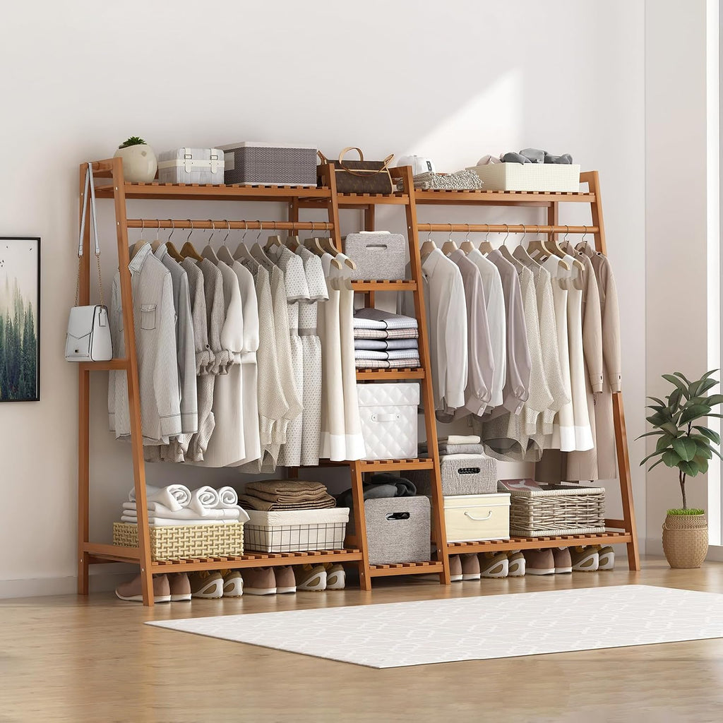 Bamboo Garment Rack,Storage Shelf Coat Clothes Hanging Rack,Free Standing Clothes Coat Hanger Closet Organizer with Shoe Rack,Portable Wardrobe for Hall Living Room Bedroom Office, Brown