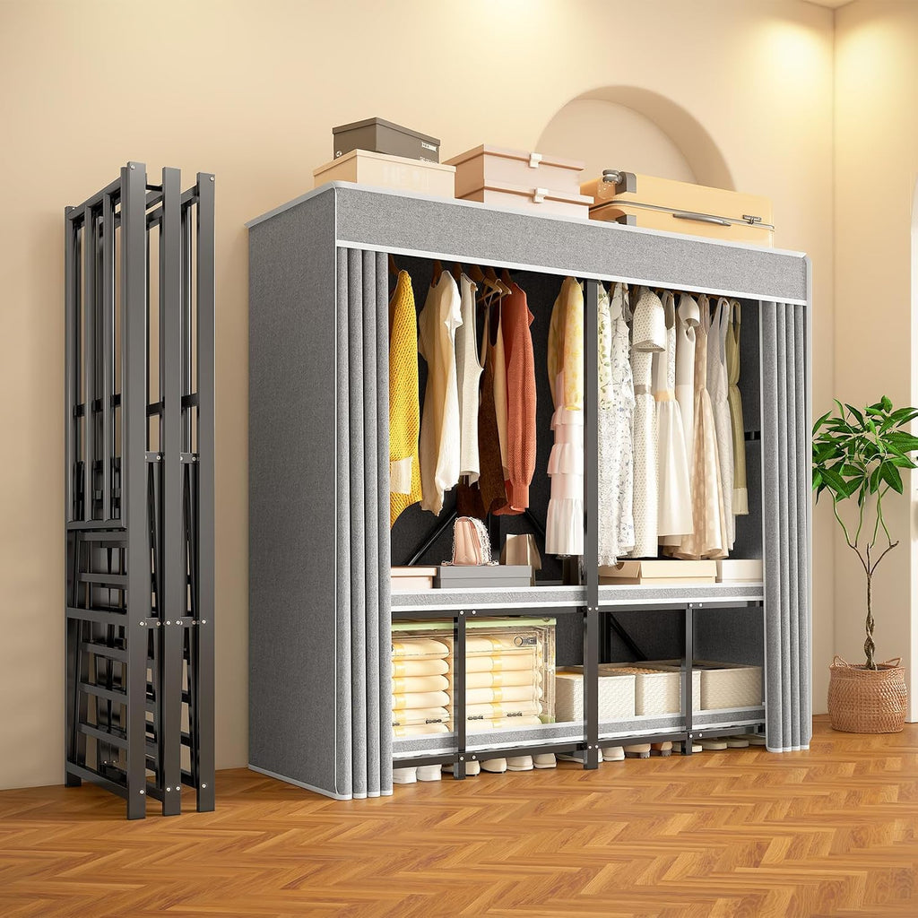 Foldable Heavy Duty Portable Closet with Cover, Freestanding Storage Garment Rack for Bedroom, Clothes Rack for Hanging Clothes Armoire Wardrobe Closet System, 66.1x67.7x20.5 Inch,Black Grey