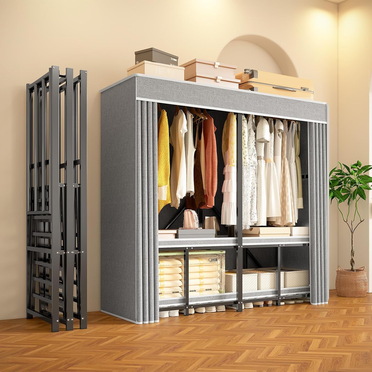 Foldable Heavy Duty Portable Closet with Cover, Freestanding Storage Garment Rack for Bedroom, Clothes Rack for Hanging Clothes Armoire Wardrobe Closet System, 66.1x67.7x20.5 Inch,Black Grey