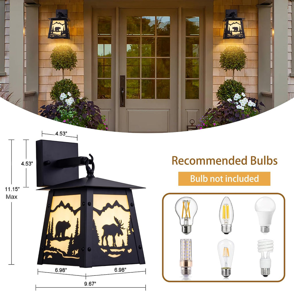TOCHIC Wall Sconce 2-Pack, Vintage Farmhouse Wall Light Fixtures, Black Outdoor Wall Lamp for Patio with Bear Elk, Rustic Wall Mount Light for Front Door, Bathroom Vanity Light, Porch, Corridor