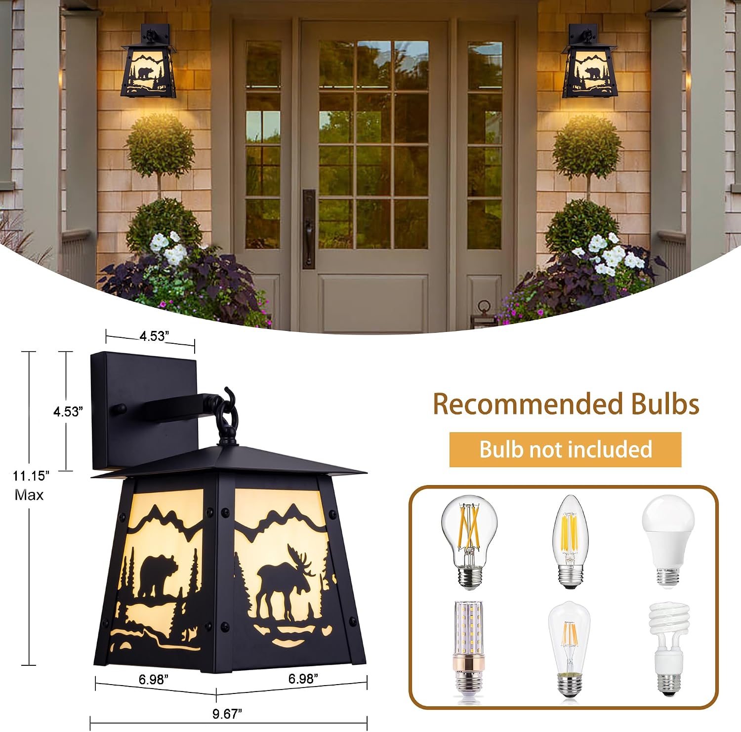 TOCHIC Wall Sconce 2-Pack, Vintage Farmhouse Wall Light Fixtures, Black Outdoor Wall Lamp for Patio with Bear Elk, Rustic Wall Mount Light for Front Door, Bathroom Vanity Light, Porch, Corridor
