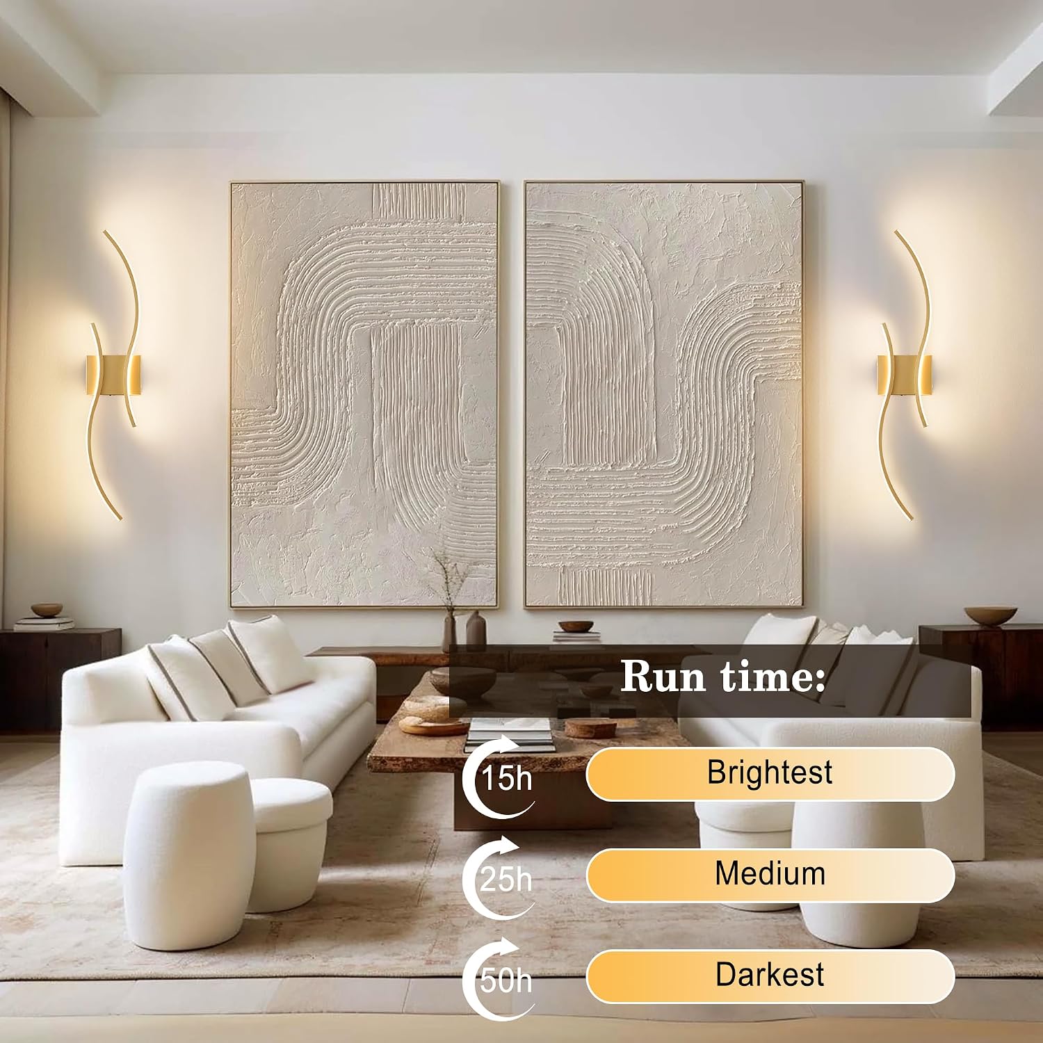 Battery Operated Wall Sconces Set of Two with Remote Control, Battery Wall Light, Stepless Colors 3000K-6000K & Dimming, Gold Led Wall Lights for Living Room, Hallway, Bedroom, 27.5 Inch (2 Pack)