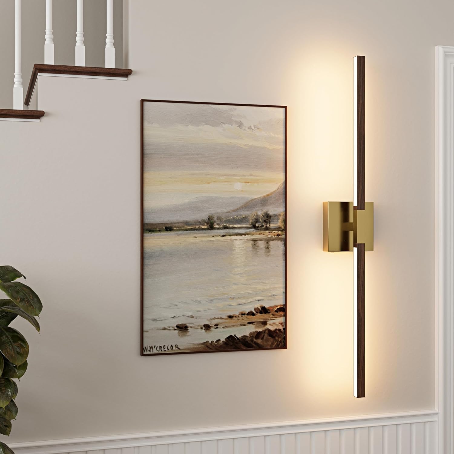 Rayogale Gold Walnut Rechargeable Wall Sconce with Remote Control 36 Inch | 3000/4500/6000K Dimmable 8000mAh Wireless Battery Operated Wall Sconces Set of Two with Timer for Living Room, Bedroom, TV