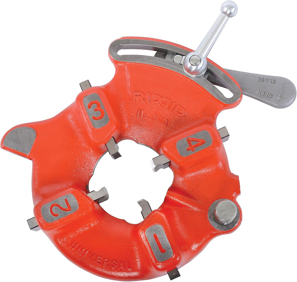 RIDGID 97065 811A Universal Quick Opening Right Hand Oiling Die Head for 1/8-Inch to 2-Inch NPT Pipes, Durable Cast Iron Construction, Red