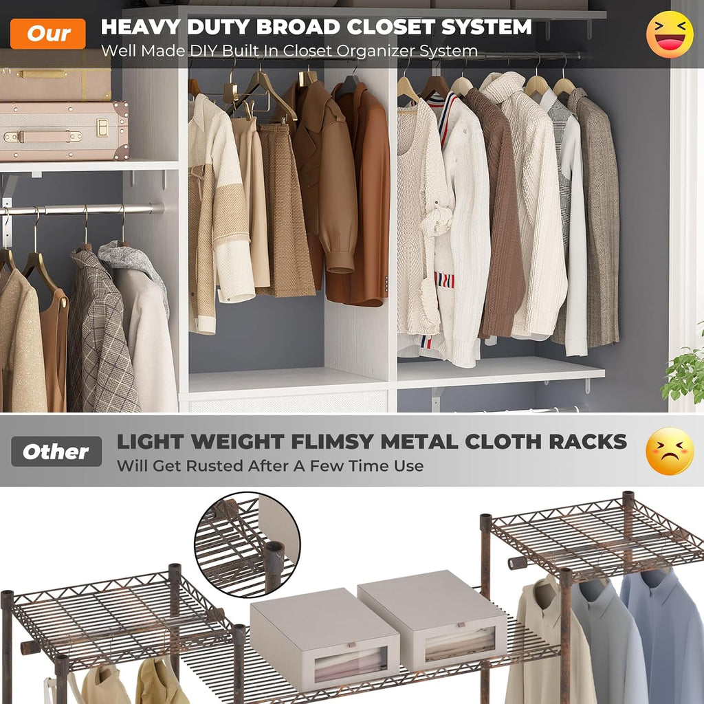 Armocity 5FT Small Closet System with 3 Fabric Drawers, 60 Inches Walk In Closet Organizer System With 3 Adjustable Shelves, Heavy Duty Clothes Rack Built-In Garment Rack, 59' L x 16' W x 71' H, White