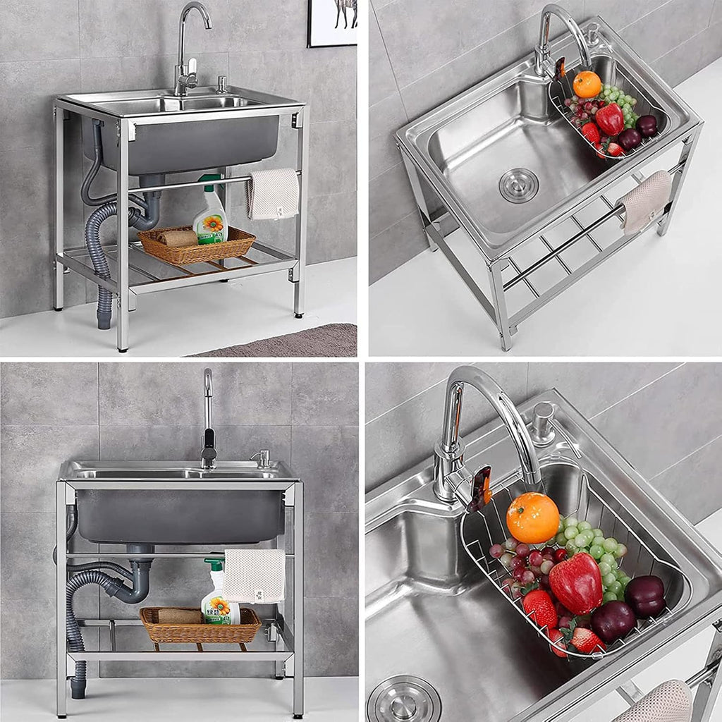 Commercial Kitchen Sink, Stainless Steel Free Standing 1 Compartment Workbench Sink, with Hot Cold Water Pipes Tap Anti-Overflow for Outdoor Laundry Room Bar Restaurant