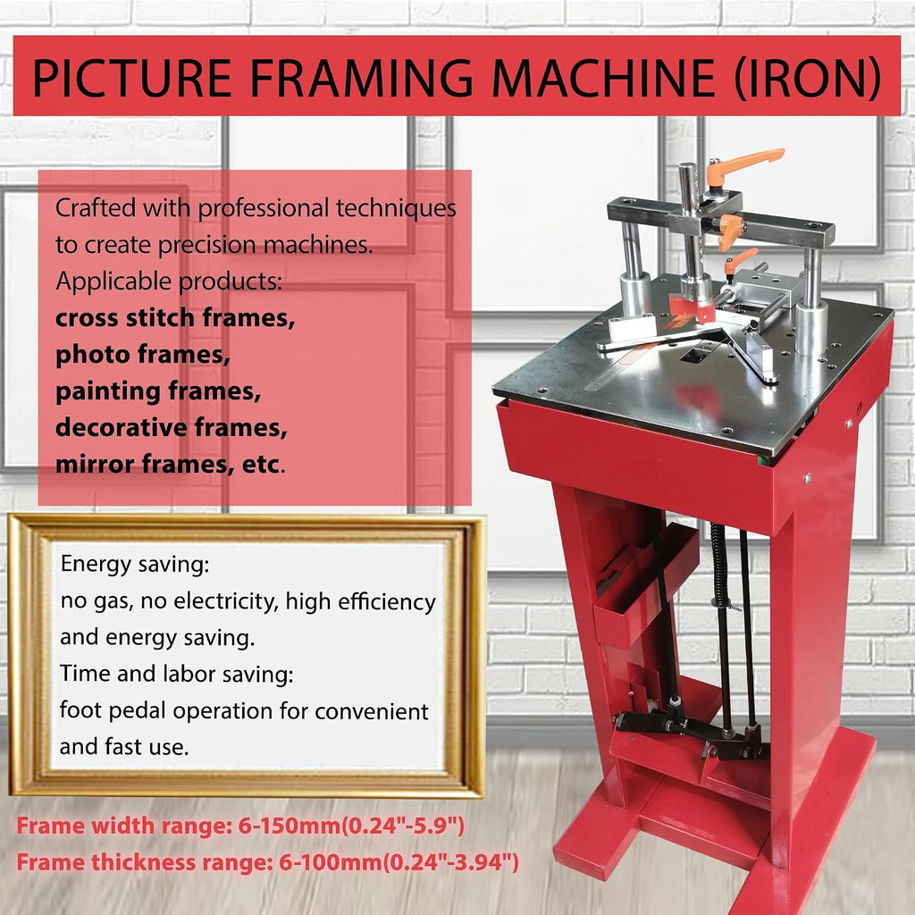 HayWHNKN Manual Picture Framing Machine Iron Foot Pedal V-Nailer, Wood Corner Frame Joiner for Picture Frames 7-15mm V-Nails (Frame Width 6-150mm/Thickness 6-100mm) for Family or Small Workshops