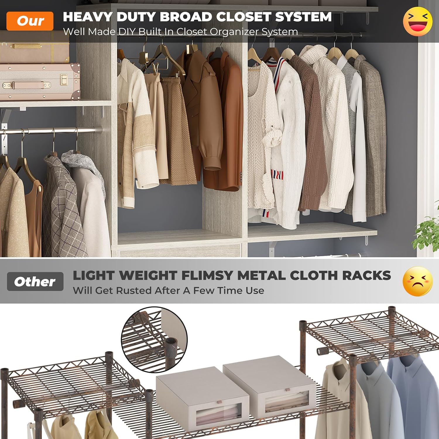 Armocity 5FT Small Closet System with 3 Fabric Drawers, 60'' Walk In Closet Organizer System With 3 Adjustable Shelves, Heavy Duty Clothes Rack Built-In Garment Rack, 59' L x 16' W x 71'H, White Oak
