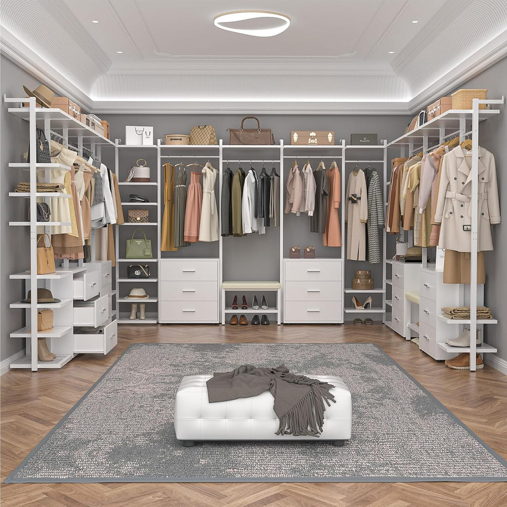 Aheaplus Clothing Rack Heavy Duty Closet System Organizer for Hanging Clothes, 8FT Large Wall Mounted Garment Rack Clothes Rack with 6-Drawers for Wardrobe, Bedroom and as Walk-in Closet System, White