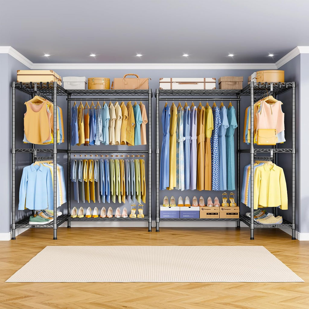 ULIFHOME E15 Pro Garment Rack L Shaped Clothes Rack for Corner，Freestanding Clothing Racks for Hanging Clothes，Heavy Duty Closet System with 4 Hanging Rods & 8 S Hooks，48.8'W x 15.8'D x 78.4'H，Grey