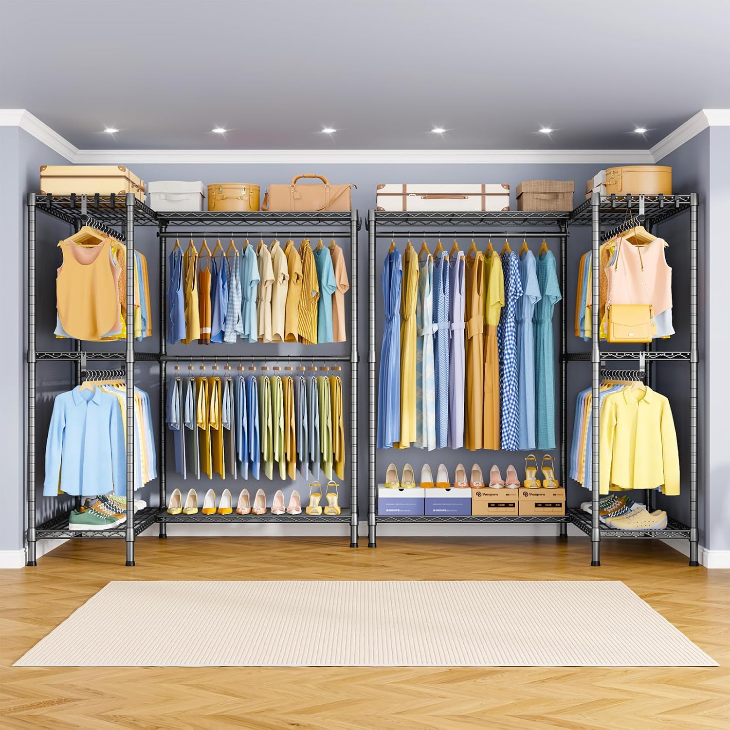 ULIFHOME E15 Pro Garment Rack L Shaped Clothes Rack for Corner，Freestanding Clothing Racks for Hanging Clothes，Heavy Duty Closet System with 4 Hanging Rods & 8 S Hooks，48.8'W x 15.8'D x 78.4'H，Grey