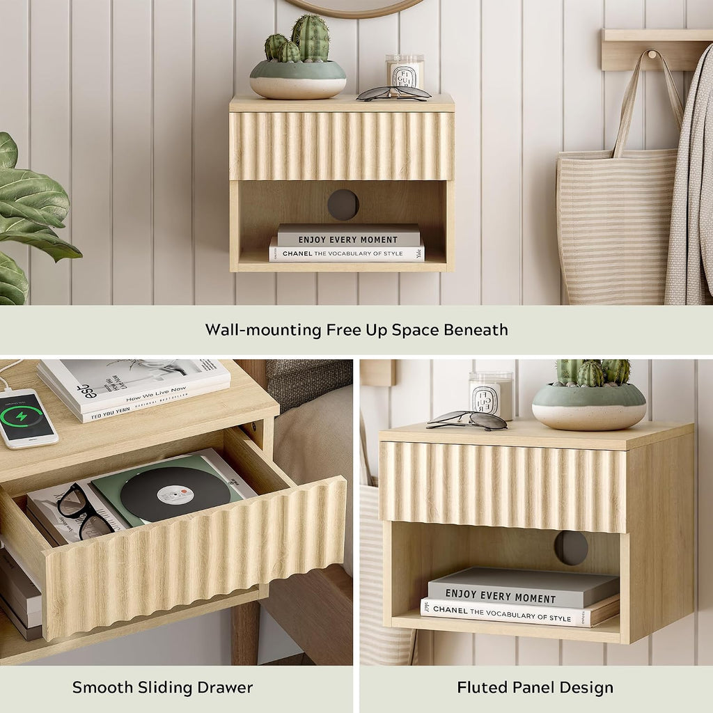 EYYTHUNG Floating Nightstand Set of 2 with Drawer, Fluted Modern Night Stand with Fluted Door and Open Storage Shelf Wall Mounted Bedside Table for Bedroom, Entryway Light Oak