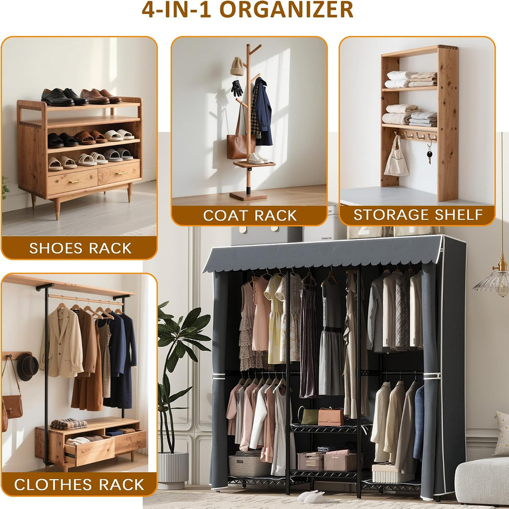 Heavy Duty Covered Clothes Rack Portable Closet Rack, Black Metal Clothing Rack with Grey Upgarded Polyester Cover, Adjustable Custom Freestanding Closet Wardrobe, Max Load 800LBS